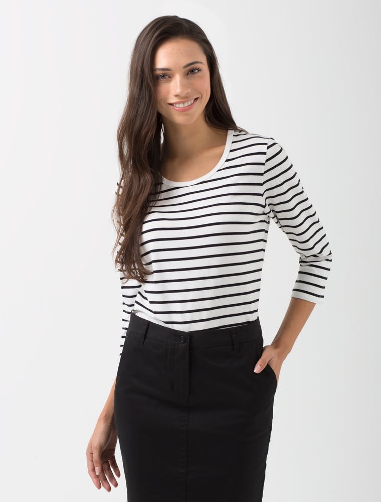 Women's Riviera 3/4 Sleeve Striped T-Shirt - Vanilla & Black